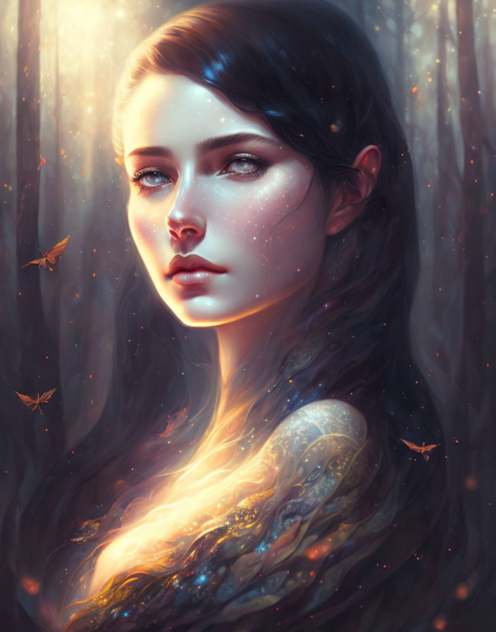 Digital portrait: Woman with luminescent tattoos and glowing butterflies in enchanted forest