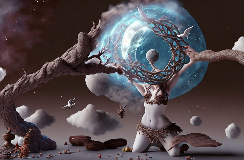 Surreal landscape with woman, tree branch arms, celestial orb, floating rocks, and bird.