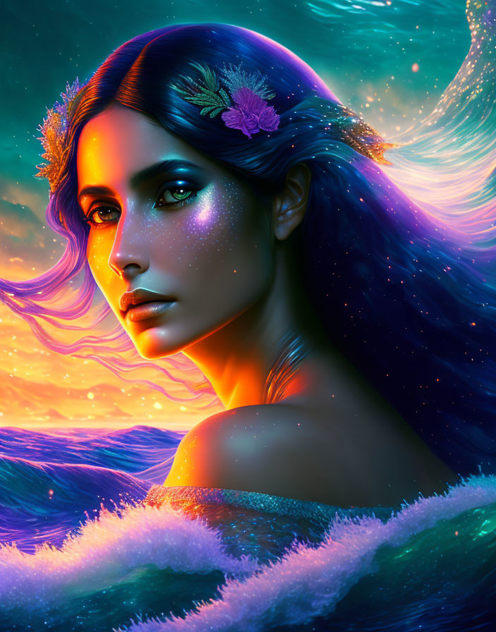 Colorful woman with glowing skin and blue hair in cosmic ocean backdrop