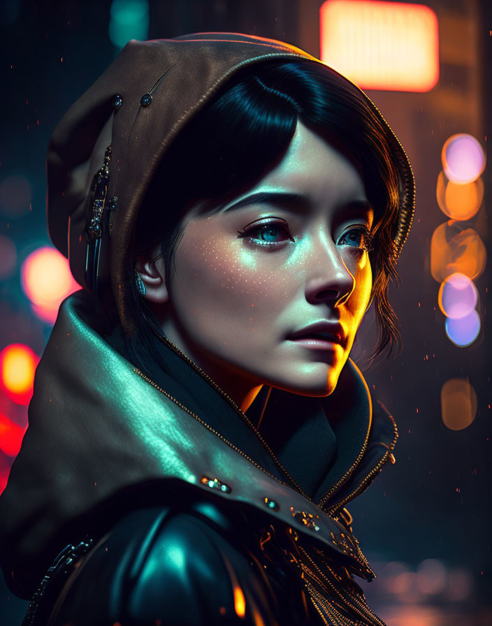 Portrait of woman with glowing skin in brown hooded cloak against neon-lit urban backdrop