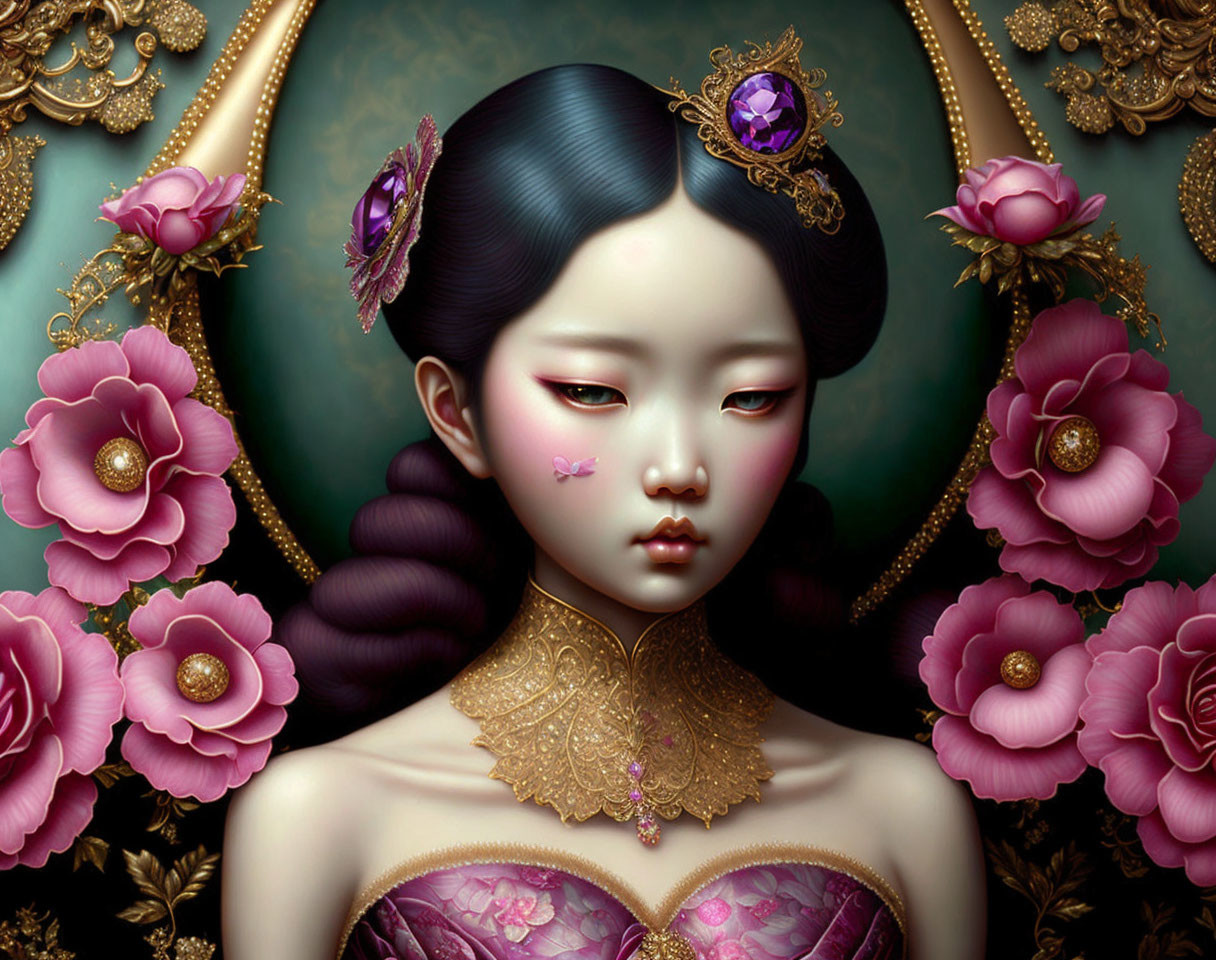 Asian-inspired female figure with elaborate attire and gold accents in a digital artwork surrounded by frames and pink flowers