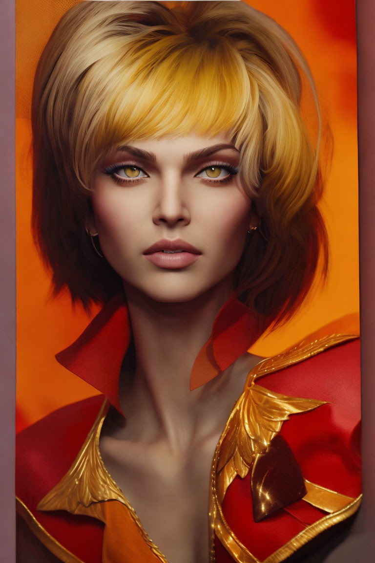 Blond bob haircut woman in red outfit with golden epaulettes