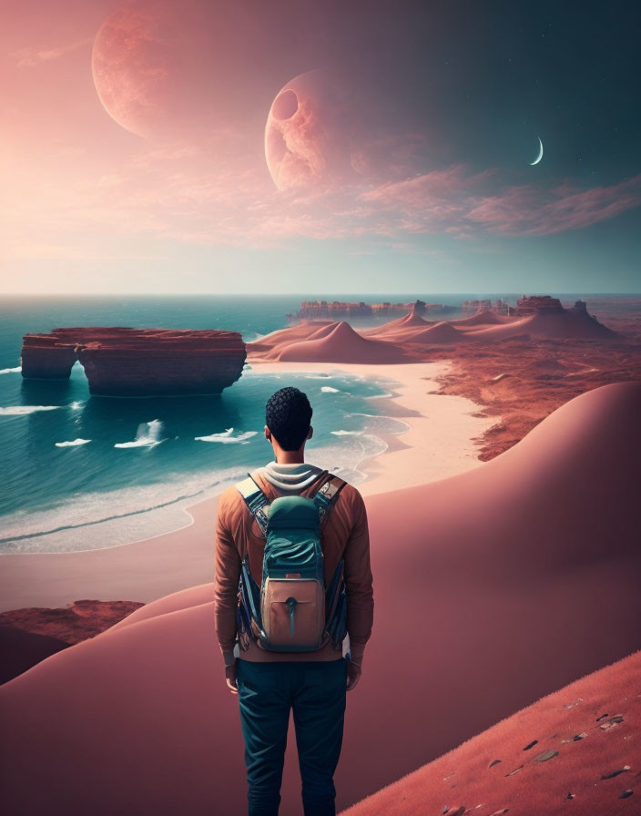 Person standing on sandy dune overlooking surreal beach with towering rock formations under moonlit sky