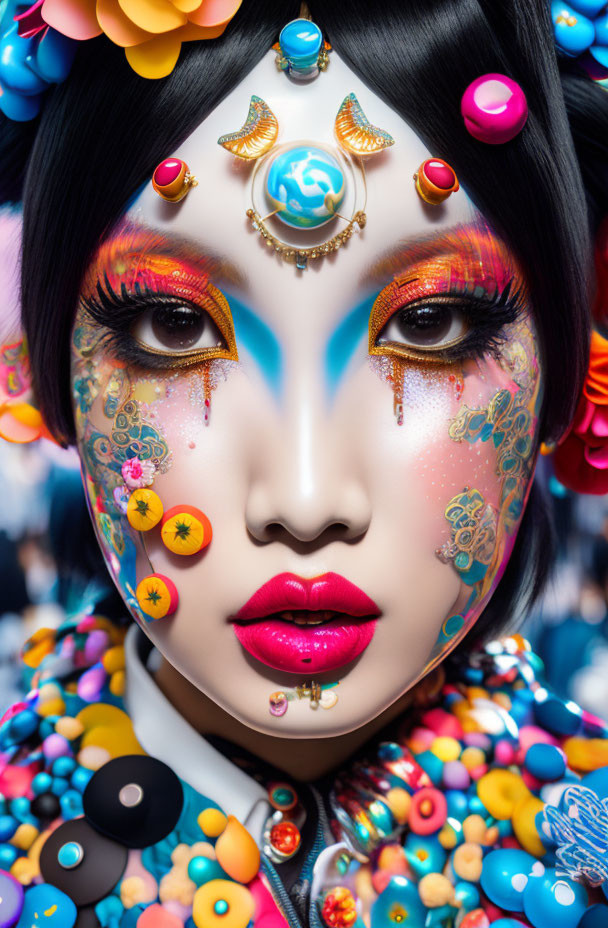 Colorful face art and intricate makeup with beads and buttons, matched by embellished garment.