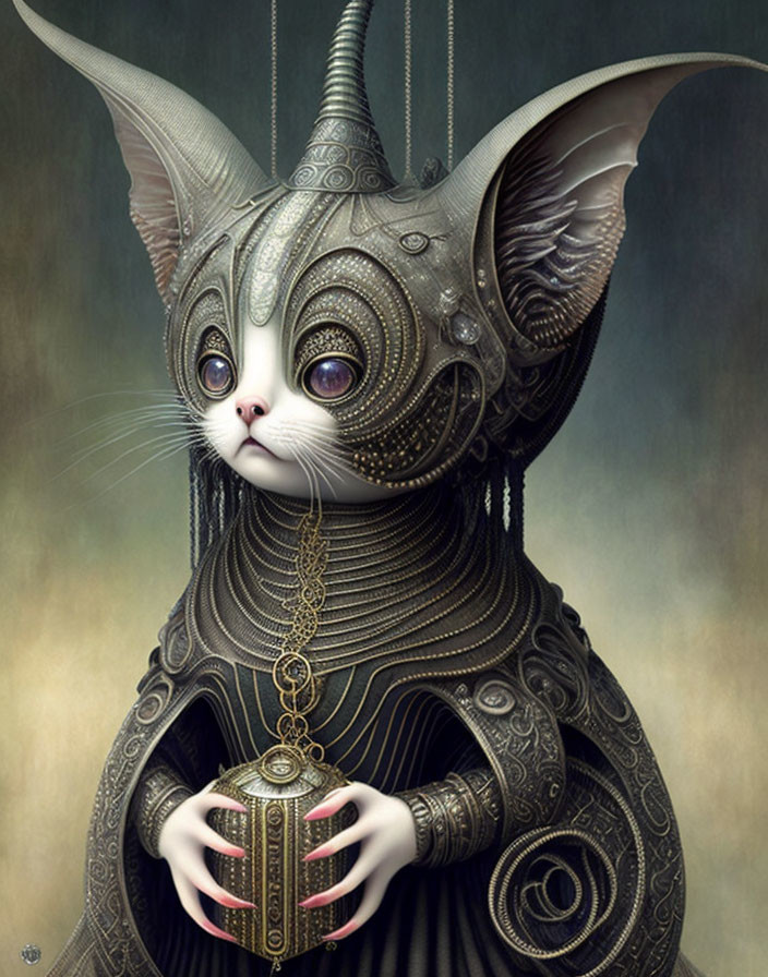 Anthropomorphic cat with large eyes and metal headgear in dark clothing.