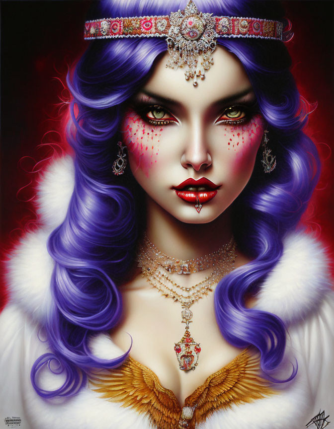 Colorful portrait of woman with purple hair, red freckles, headdress, winged necklace