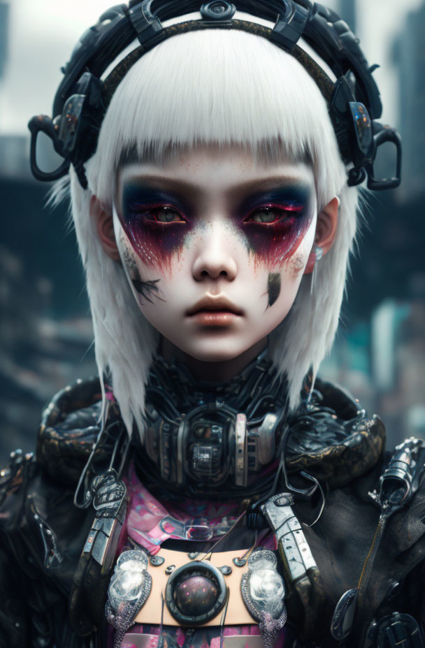 Futuristic cyberpunk style with white hair, red eye shadow, and metallic accents