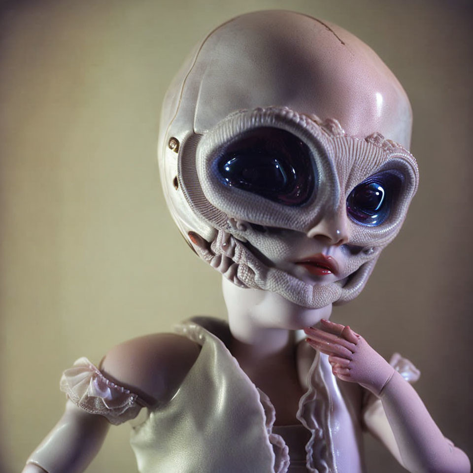 Oversized alien-like head doll in bonnet and pale dress pose