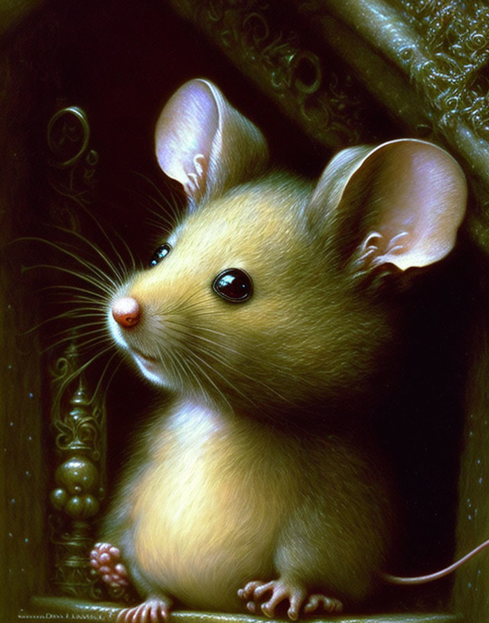 Realistic painting of a shiny-furred mouse in dark nook with ornate background