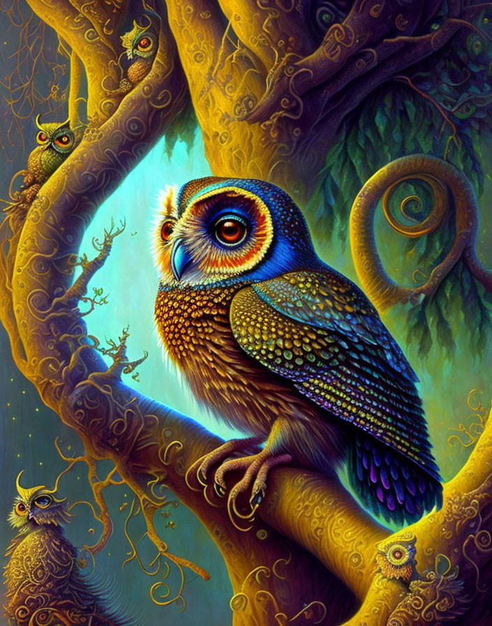 Colorful Fantastical Owl Illustration with Intricate Feathers and Mesmerizing Eyes