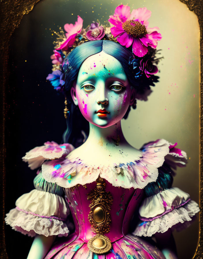 Colorful portrait of doll-like figure with blue skin and floral hair adornments