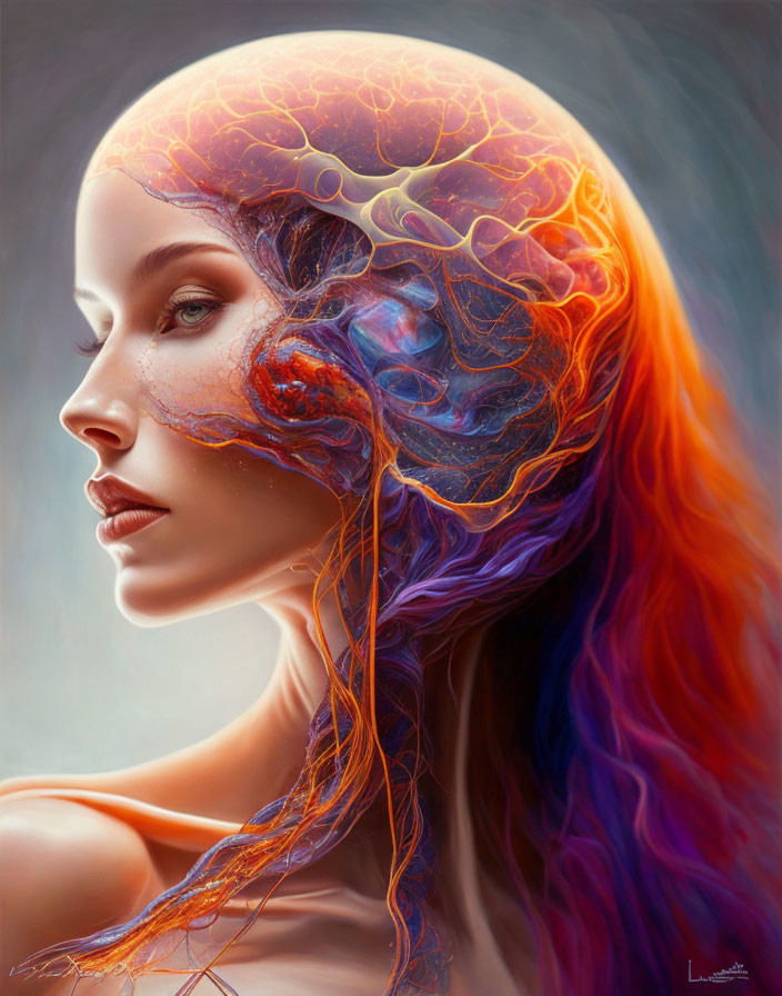 Vibrant surreal portrait of a woman with flowing hair and brain neurons