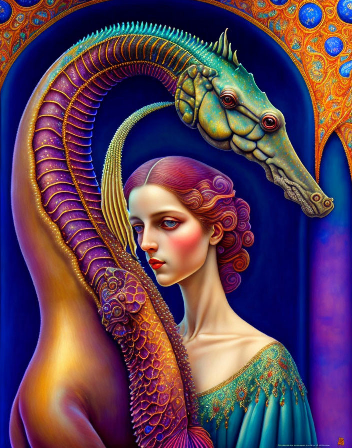 Surreal artwork: woman with stylized features & fantastical seahorse