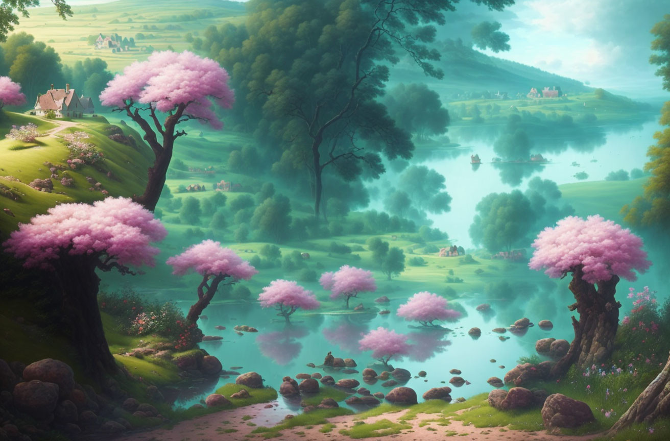 Tranquil landscape with pink flowering trees, calm river, rolling hills, and misty ambiance