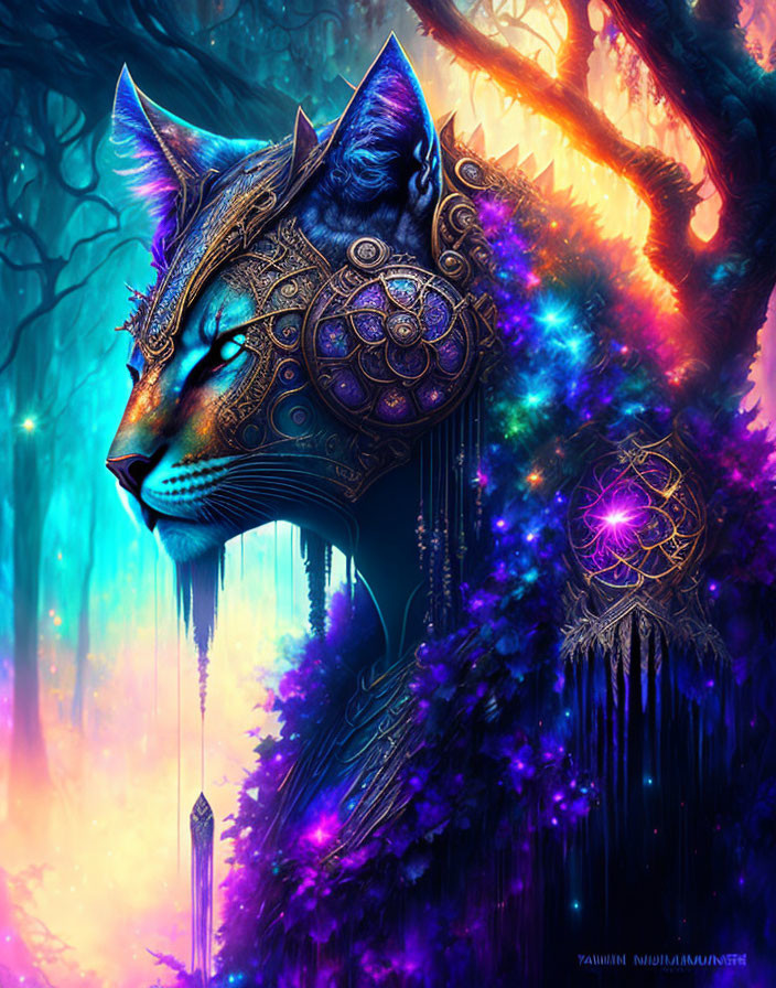 Intricate armored cat head in enchanted neon-lit forest