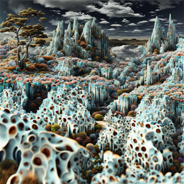 Surreal landscape with blue and white formations and colorful flora under cloudy sky