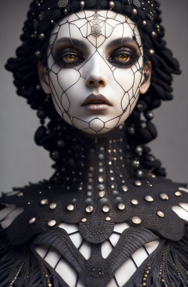 Portrait of woman with gothic makeup and ornate black headpiece with web-like veil