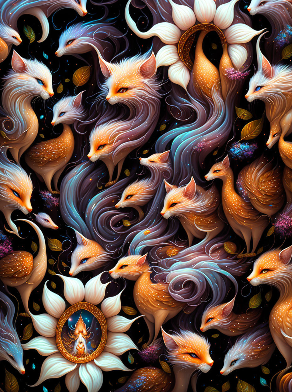 Golden foxes with intricate fur patterns on dark, starry backdrop