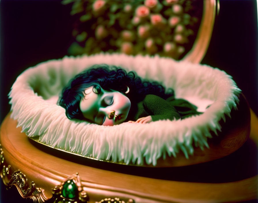 Dark-haired child in green sleeps in vintage bassinet with floral accents