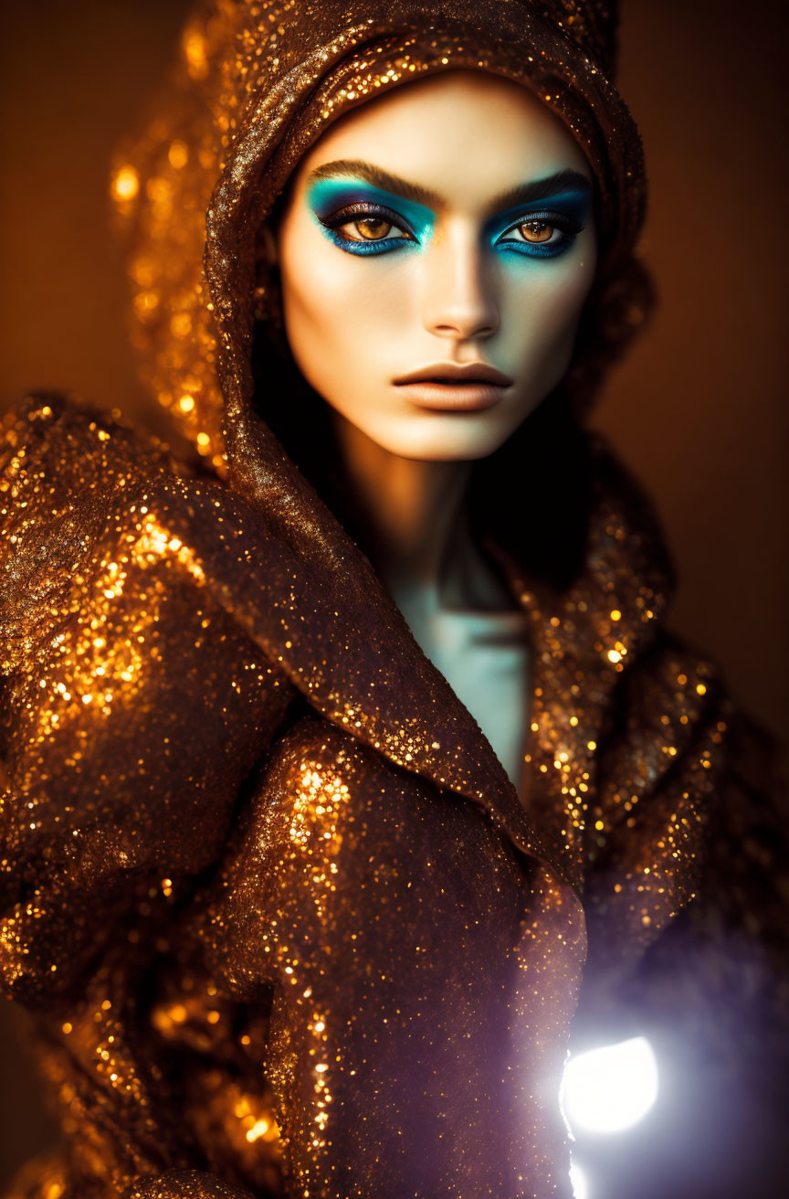 Striking Blue Eyeshadow and Glittery Gold Attire Portrait