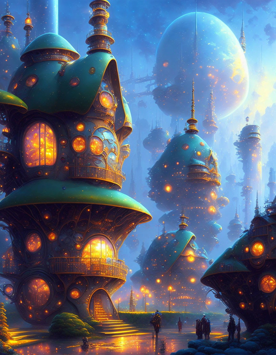 Fantastical night cityscape with mushroom-shaped buildings and moon.