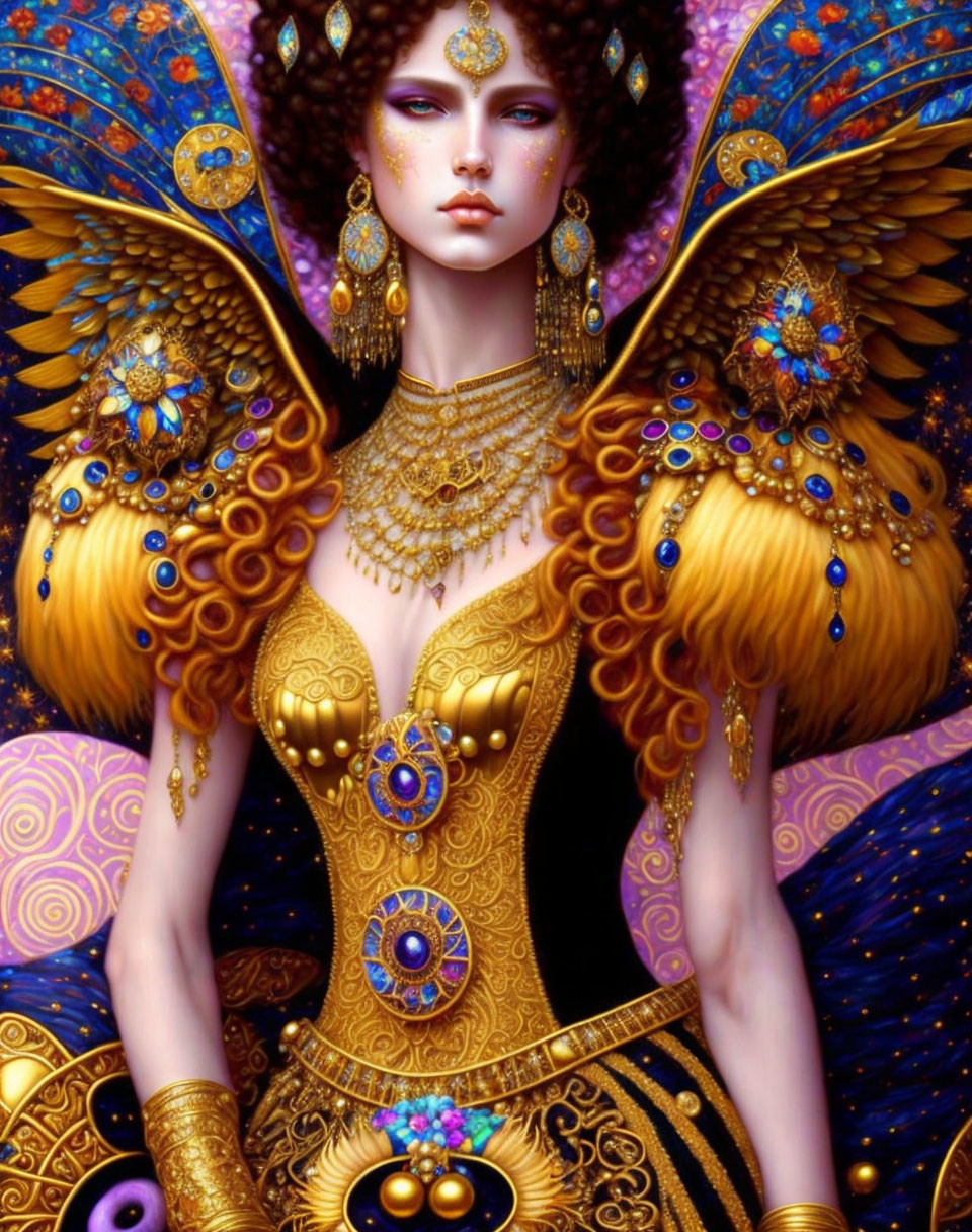 Ornate gold and blue attire with peacock feather wings