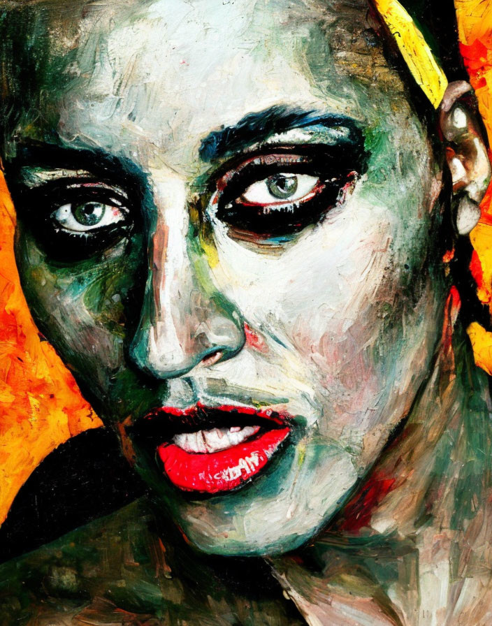 Colorful Portrait with Striking Eyes and Red Lips in Expressionist Style