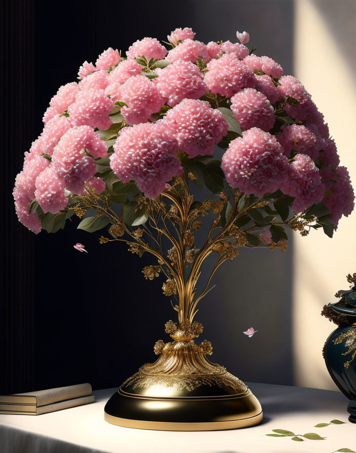 Pink hydrangeas in golden vase with book, sunlight shadows, butterfly nearby