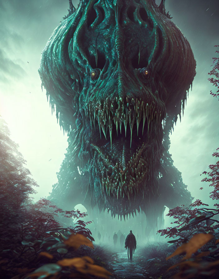 Gigantic creature with sharp teeth in misty forest scene