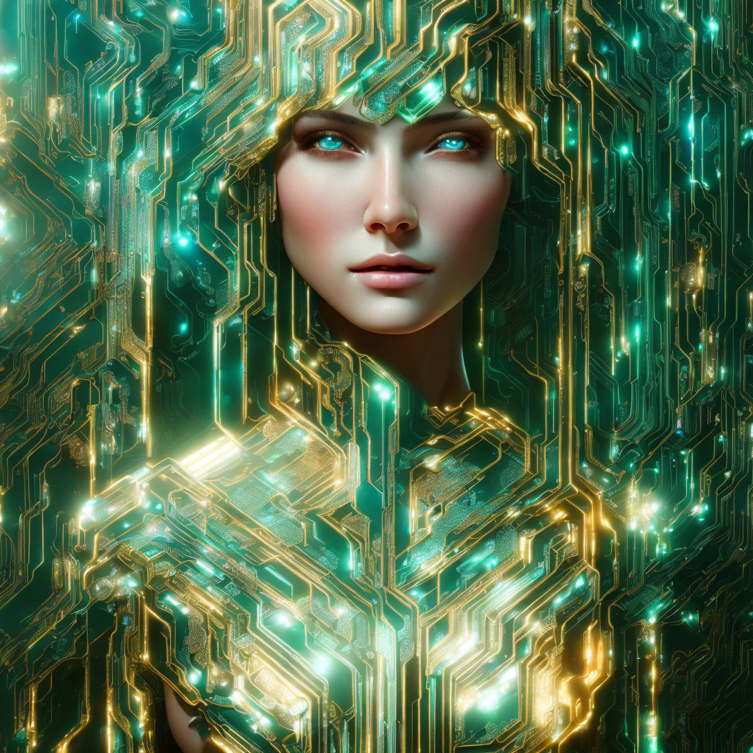 Illustration of woman merging with glowing teal and gold circuitry pattern