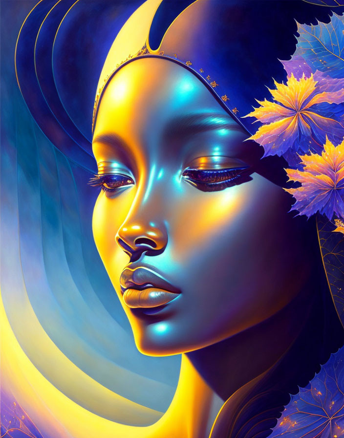 Vivid digital portrait of woman with blue skin and maple leaves on golden backdrop