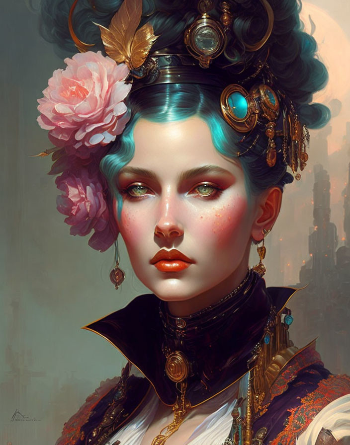 Portrait of a woman with turquoise hair and gold crown in steampunk style