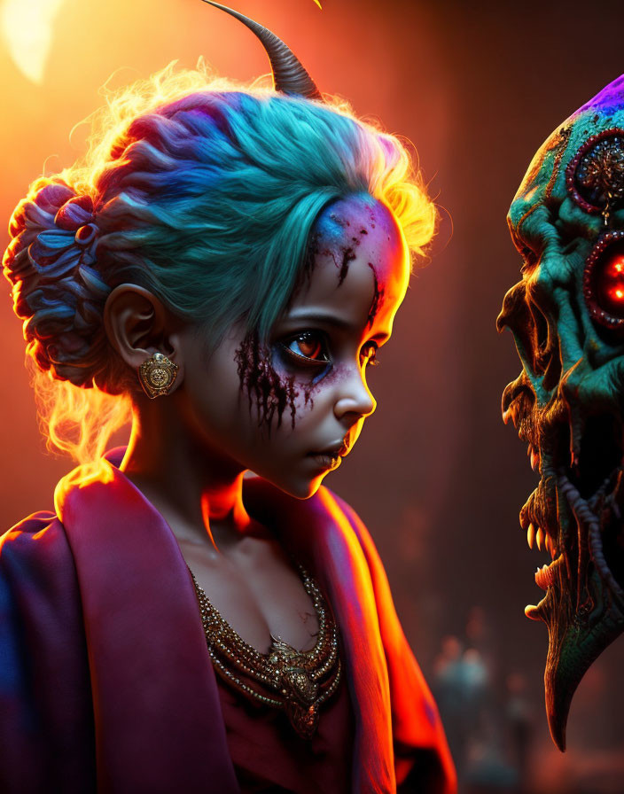 Digital Artwork: Young Girl with Blue Hair and Horns Confronts Colorful Skull