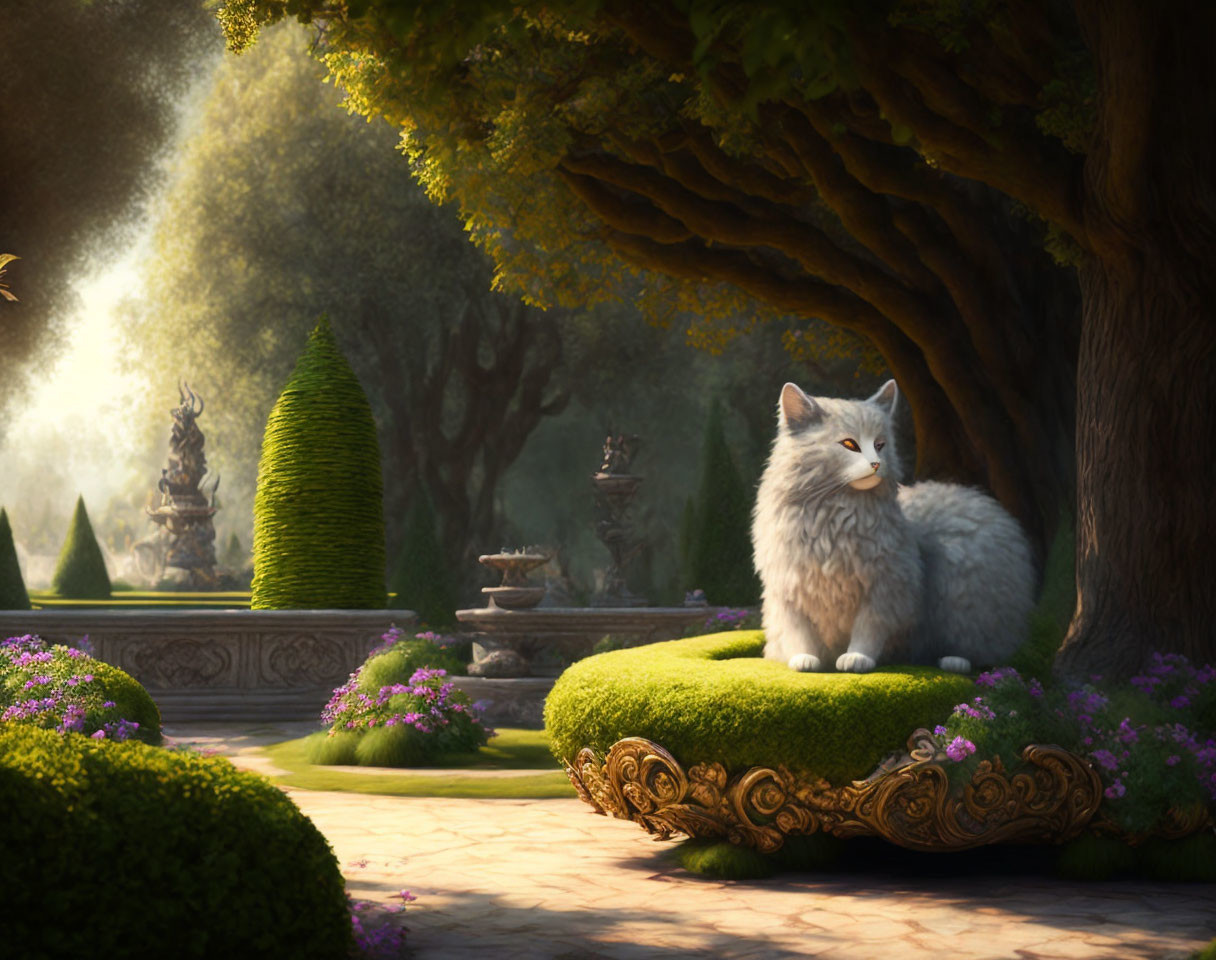 White Cat Relaxing in Serene Garden with Topiaries and Statues