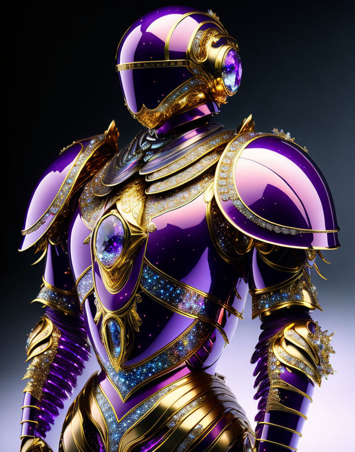 Detailed Purple and Gold Armored Robotic Figure with Intricate Designs