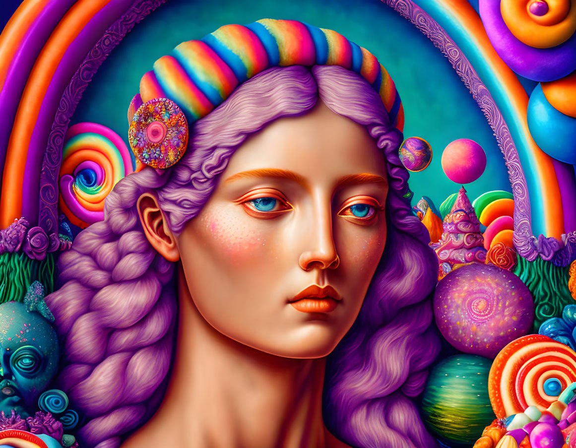 Detailed Illustration: Woman with Purple Hair in Colorful, Whimsical Candy-themed Background