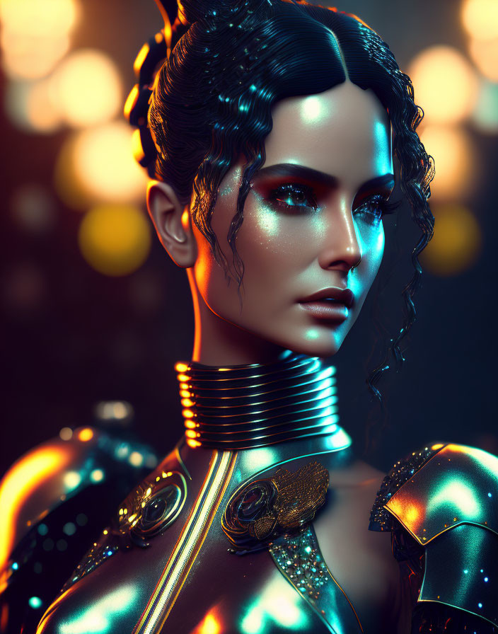 Futuristic woman in metallic armor with glowing makeup and elegant neck rings