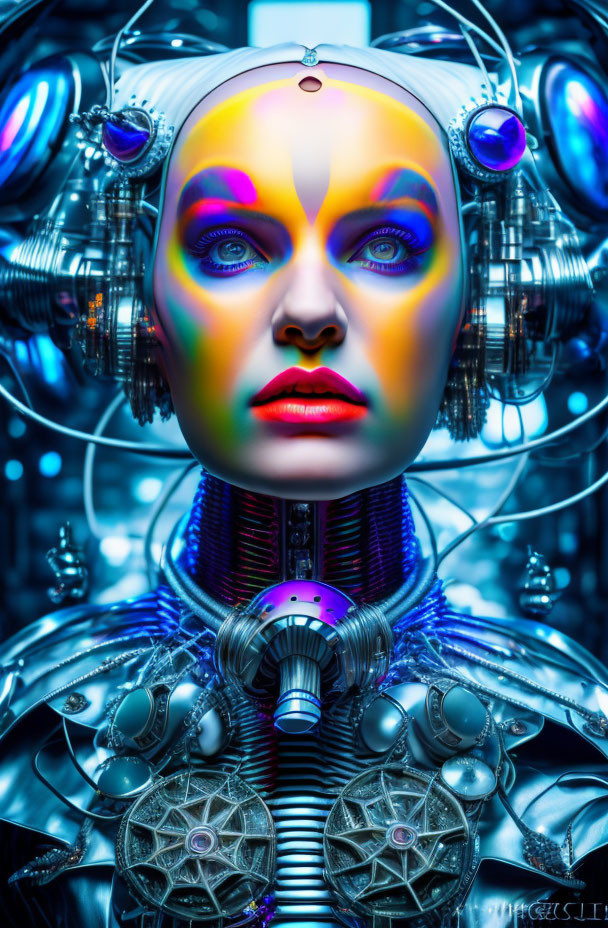 Colorful humanoid robotic figure amidst futuristic machinery with yellow and purple accents.