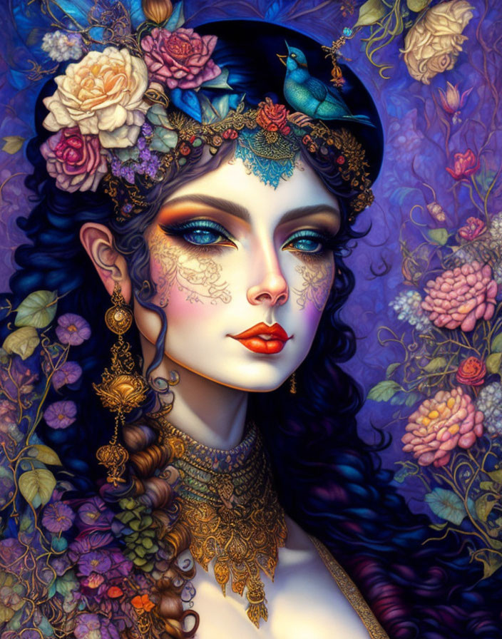 Illustrated Woman with Blue Eyes, Floral Headpiece, Jewelry, and Bird in Colorful Botanical