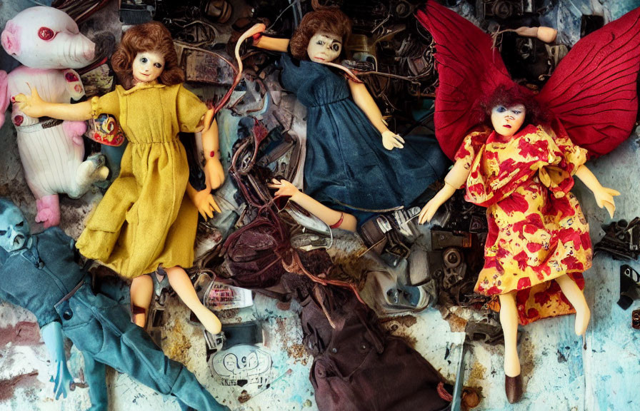 Vintage dolls and trinkets on blue backdrop: eerie cluttered tableau