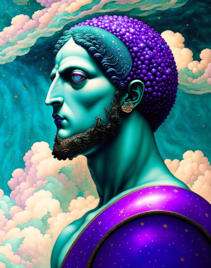 Surreal portrait of person with blue face and starry cloak