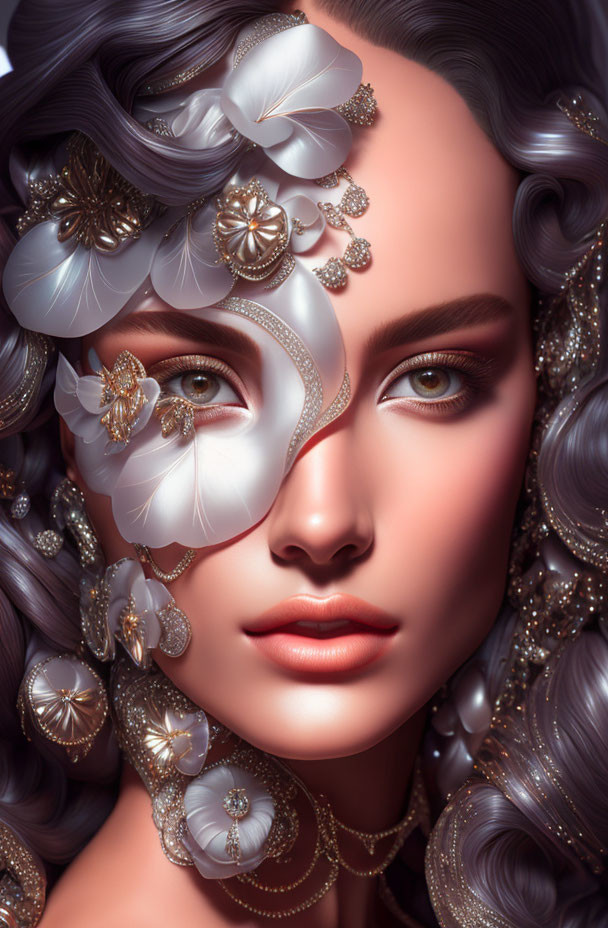 Digital artwork featuring woman with floral hair accessories, jeweled eye patch, and curls on dark background