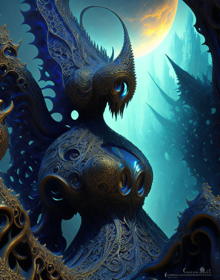 Surreal blue and gold alien landscape with intricate shapes