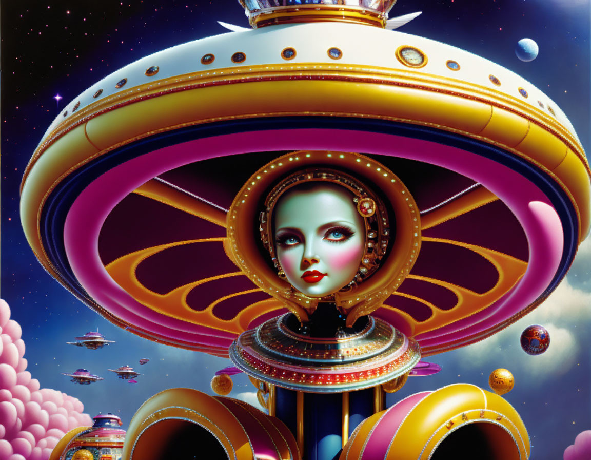 Surreal artwork of woman's face in spaceship-style structure with gold and jewels in cosmic setting