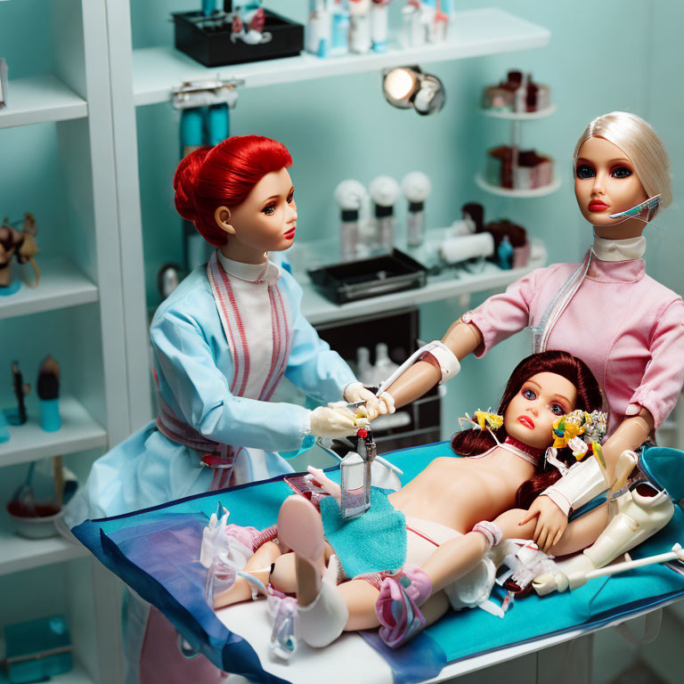 Miniature medical checkup scene with dolls on hospital bed