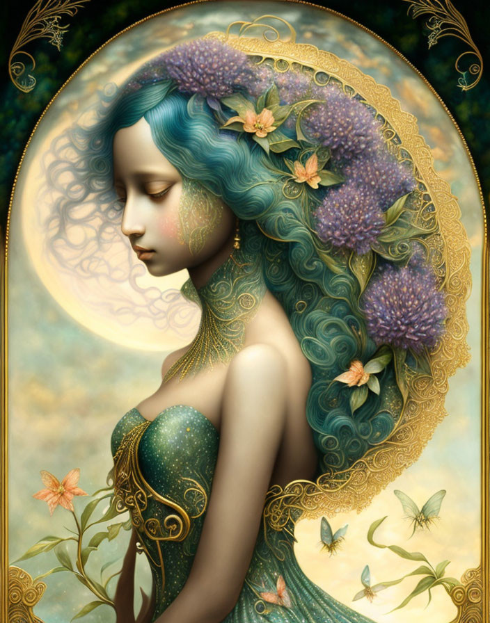 Woman with Blue Hair, Flowers, Butterflies, and Golden Patterns