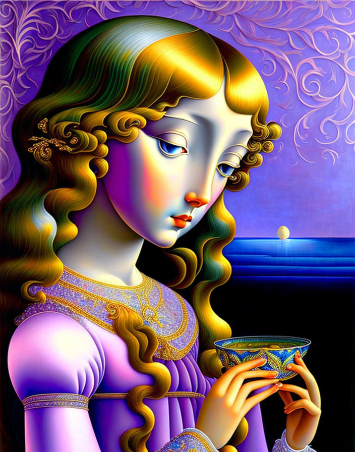 Vibrant surreal portrait: girl with golden curls holding chalice