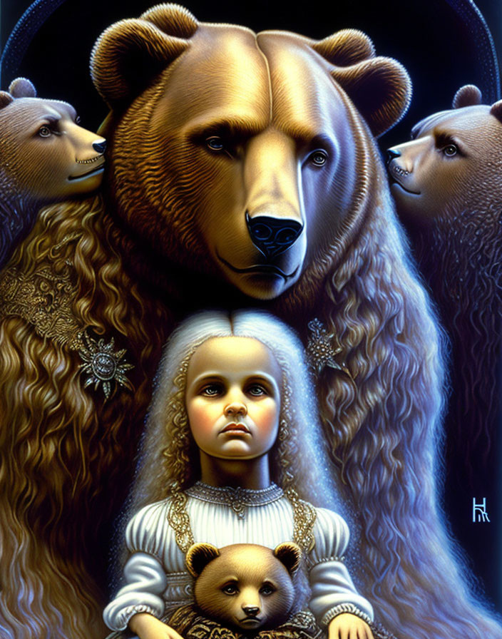 Young Girl Surrounded by Bears in Protective Stance