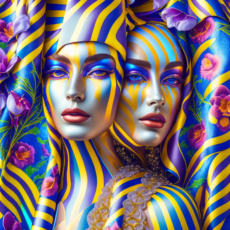 Symmetrical Faces with Blue and Yellow Striped Makeup and Floral Patterns