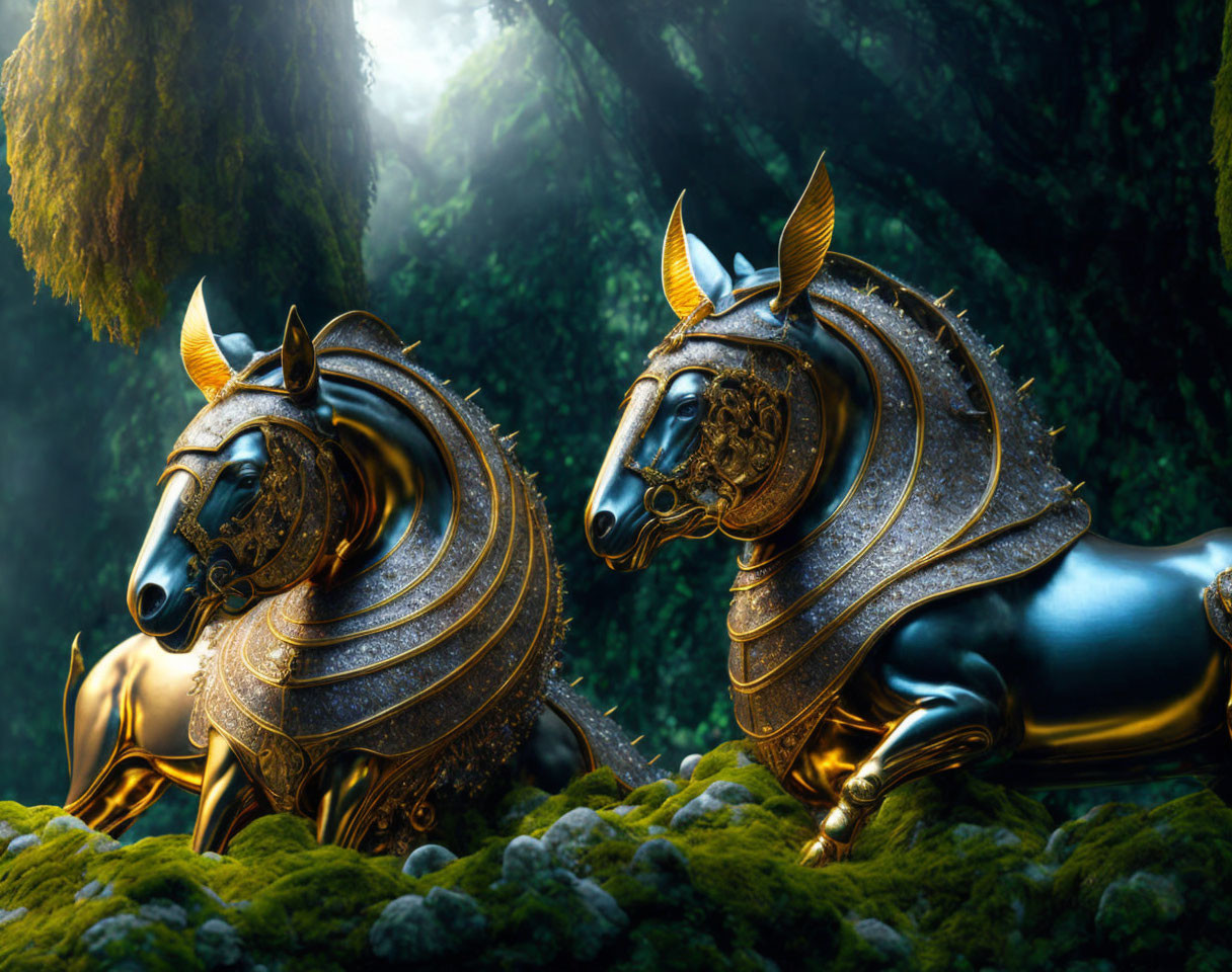 Golden Armored Horse Statues in Mystical Forest Setting